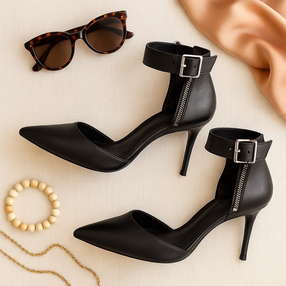 Schutz Black Leather Pointed Toe Stilettos Ankle Strap Zip Heels Size 9B / EU 40 - Picture 3 of 12